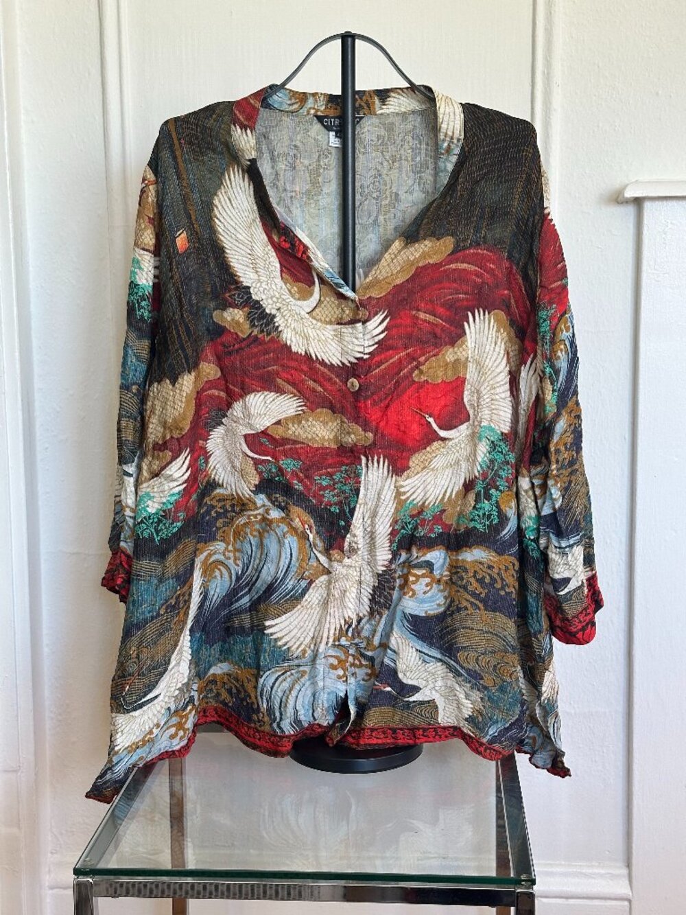 Citron Santa Monica 100% Silk Crane Print Blouse 4X Red Art to Wear